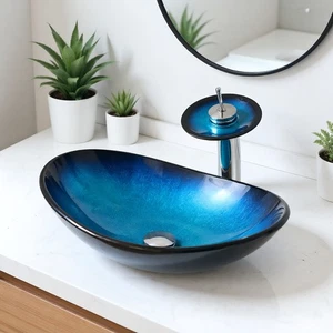 Bathroom Blue Glass Vessel Sinks Above Counter Oval Black Basin Bowl Combos Tap - Picture 1 of 10