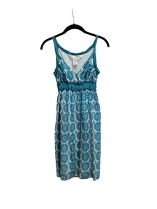 Studio M Dress Juniors Size XS Teal Geometric Sleeveless V Neck Mid Silk - Picture 1 of 7
