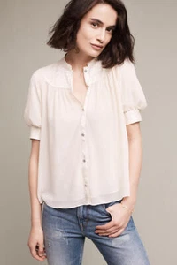 Anthropologie Colline Bibbed Buttondown Blouse by Moulinette Soeurs 0/4 (Ivory) - Picture 1 of 10