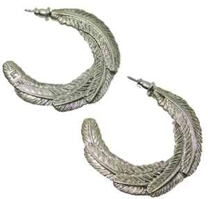 Vintage Silver Tone Curved Feather Hoop Earrings - Picture 1 of 2