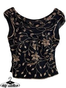 Vintage Andretta Donatello Top Women Medium Black Floral Beaded Evening Silk - Picture 1 of 14