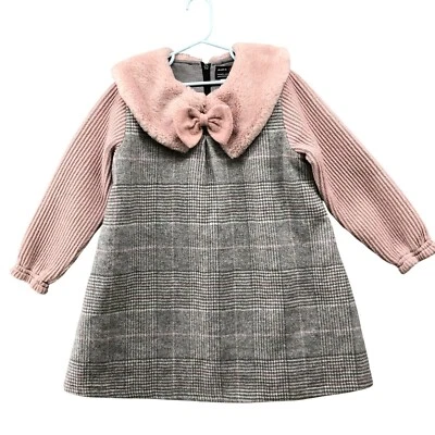 Youth Girls Size 12/13 Fur Collared Sweater Dress Bow Plaid Pink Gray Elegant - Image 1 of 4