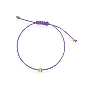 Solitär Diamant TCW 0,10 lila Schnur Seil Makramee 14k Gelbgold Armband - Bild 1 von 12
