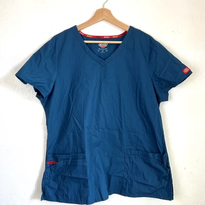 Dickies Women’s XL Scrub Top Blue Pockets V-neck cotton frontpocket short sleeve - Image 1 of 4