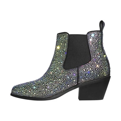 Women's Chunky Heel Glitter Ankle Boots Pull on Rhinestone Chelsea Booties US12 - Image 1 of 4