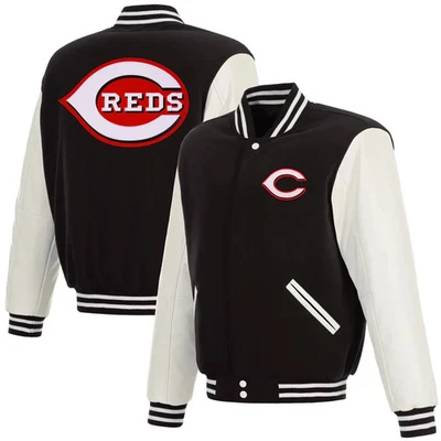 Cincinnati Reds Reversible Fleece Jacket with Faux Leather Sleeve (753blk/wt) - Image 1 of 4