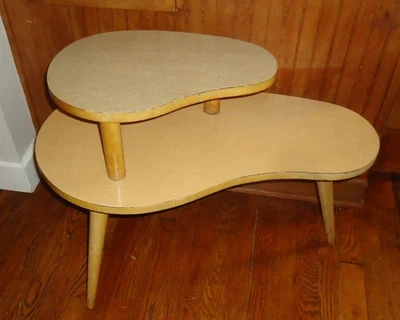 Mesa escalonada rubia Boomerang 2 niveles atómica era MCM Formica Tops Foto 1 de 4