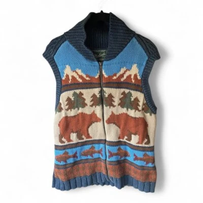 Woolrich women's heavy knit cotton zip up bears fish nature scene sweater vest L - Image 1 of 4