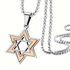 Two Tone Stainless Steel Rose Gold Unisex Star of David Jewish Star Necklace - Picture 1 of 1