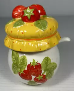 Vintage Sugar Bowl or Jam Jar Raised Strawberries with Lid and Spoon Josef - Picture 1 of 10