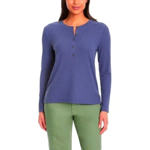 GH Bass Womens Textured Henley Button Top Long Sleeve Shirt Blue, Sz XL - Picture 1 of 3