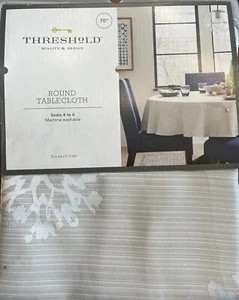 Threshold Round Silver Tablecloth with White Snowflakes 70" NEW - Picture 1 of 3
