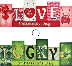 Valentine'S Day Wooden Table Sign St. Patrick’S Day Decorations LUCKY LOVE Rever - Picture 1 of 12