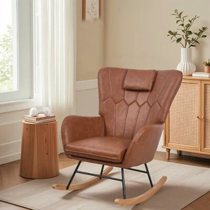 Leather/Wool Rocking Chair Upholstered Single Sofa w/Pocket Armchair Padded Seat - Picture 1 of 32