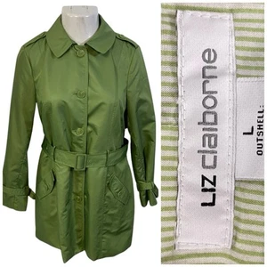 Liz Claiborne Raincoat Jacket Womens Large Green Belted Windbreaker Coat Spring - Picture 1 of 16