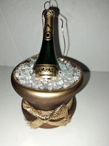 Champagne Bottle in Ice Bucket Ornament, Hand Blown Painted Glass 4” Christmas - Picture 1 of 8