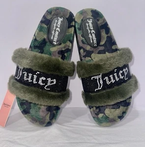Juicy Couture Slide Slippers Faux Fur Crystals Green Camouflage Womens Size 7 - Picture 1 of 3