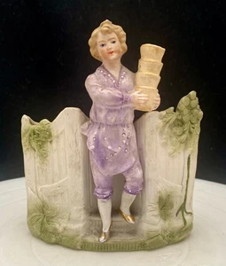 HERMOSA MACETA ANTIGUA ALEMANA DE PORCELANA BISQUE con FIGURA DE DAMA 5,5", c1900 g - Imagen 1 de 8