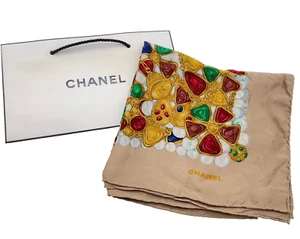 Auth Chanel Multicolor Mgripoix chains /jewels print Silk Scarf W/bag V060024 - Picture 1 of 15