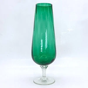 Vintage Green Glass Vase 11" with Clear Pedestal Quilted Style Base • Empoli? - Picture 1 of 11