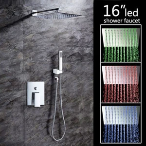 Baño cromado LED 16 "Lluvia Ducha Mezclador Grifo Pulverizador de mano de montaje en pared - Imagen 1 de 8