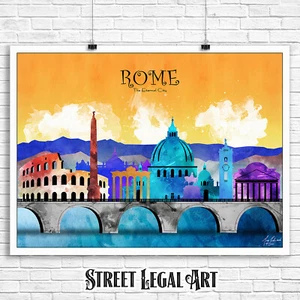 Rome Italy City Watercolor Skyline in Living Color Print, Travel Decor, Poster - Picture 1 of 3