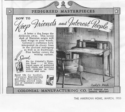 Anuncio impreso de fabricación colonial muebles publicitarios vintage Zeland MI 1950 Foto 1 de 2