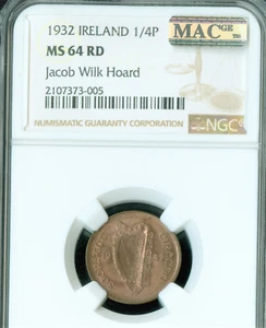 1932 IRELAND 1/4P FARTHING NGC MS64 RD PQ MAC SPOTLESS 1FROM JOCAB WILK HOARD * - Picture 1 of 2