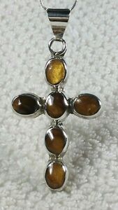 2.5" MEXICO CROSS SIMULATED TIGERS EYE GOLD STERLING SILVER PENDANT NECKLACE 18"