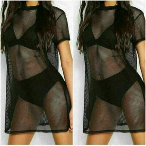 New Womens Ladies Short Sleeve Fish Net Party Mini Dress Netted Tunic Tops - Picture 1 of 4