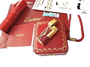 CARTIER LIGHTER LOGOTYPE BURGUNDY NEW ART DECOR GOLD 18 kt PIPES RARE NEW,MINT * - Picture 1 of 12