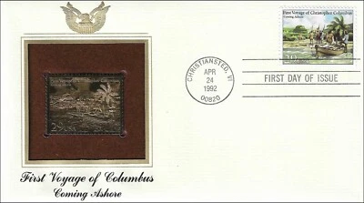 Columbus Coming Ashore Fernandez Bay 1492 USA Gold 22k Plated Stamp FDC 1992 - Image 1 of 2