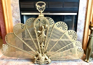VINTAGE BRASS ART DECO LADY FIREPLACE SCREEN PEACOCK HEARTH FAN PATINA 48" WIDE - Picture 1 of 24
