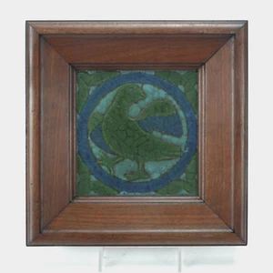 Grueby Pottery Faience 6x6 bird tile Arts & Crafts curdled matte green blue - Picture 1 of 5