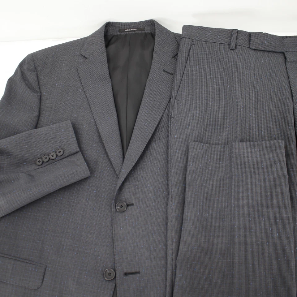 Terno masculino Zegna 40C 36x29 micro houndstooth lã cinza com entalhe de textura azul - Imagem 1 de 4