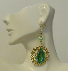 Green Resin Rhinestone Gold Filigree Green Crystal Accent 2.25" Dangle Hook - Picture 1 of 2