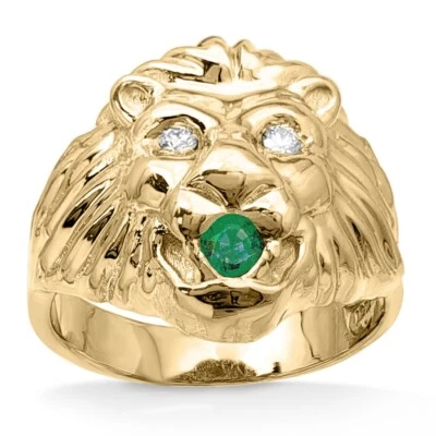 Real 10K Yellow Gold Mens Lion Ring Diamond Eyes Emerald Mouth Size 5 – 15 - Image 1 of 4
