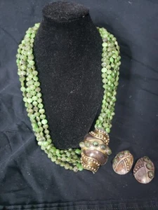 Vintage Luisa Conti Multi-Strand Green Stoned Necklace & Matching Earrings  - Picture 1 of 8