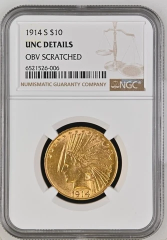 1914-S $10 Indian Gold Eagle NGC-UNC Details OBV. Scratched Cover