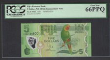 Fiji 5 Dollars ND(2012) P115r Replacement Note Uncirculated Graded 66