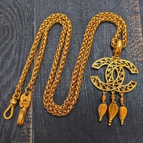 CHANEL Collana Ciondolo Catena Vintage Altalena Logo CC Placcato Oro #677c Rise on