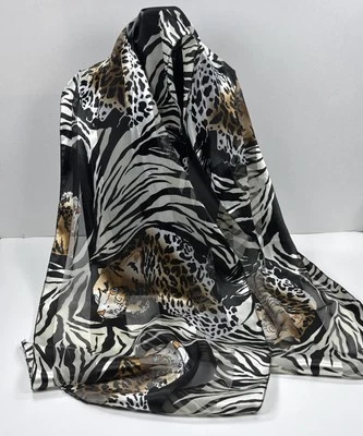 Bufanda con estampado de guepardo animal envoltura para la cabeza 100 % seda 13”x60” rectangular Foto 1 de 4