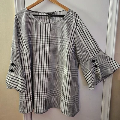 Blusa túnica Ali Miles negra blanca a cuadros manga 3/4 talla 2x elegante carrera regal Foto 1 de 4