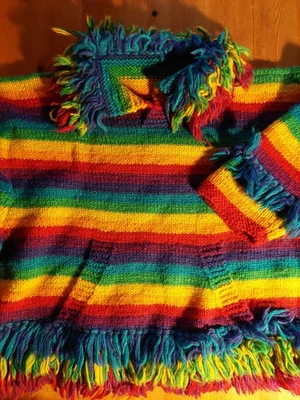 Bunter Wollpullover, ca.Gr 42, Kängurutasche, Schurwolle Selbstgestrickt, Maße!! - Bild 1 von 4