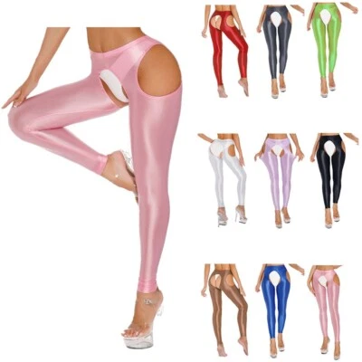 EUA~ Leggings femininas brilhantes cintura alta recortadas cor sólida calças de ioga skinny - Imagem 1 de 4
