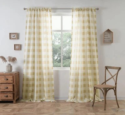 Cortinas a cuadros a cuadros semi transparentes de búfalo cortinas de ventana de granja topo 2 paneles Foto 1 de 4