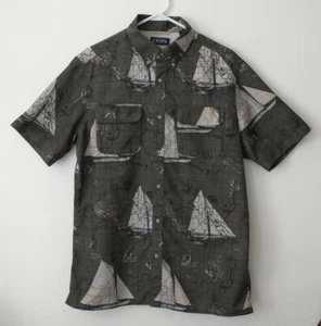 Chaps Shirt Sailboat Fishing Vented Nautical Map Sz M Olive Green Mens Button Up - Picture 1 of 15