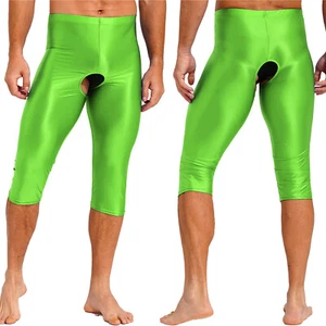 #L Mens Glossy Open Crotch Shorts Stretchy Smooth Elastic Waistband Short Pants - Picture 1 of 10