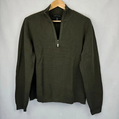 Structure Polo Sweater Men Sz L Green 1/4 Zip Long Sleeve Patched Elbows - Image 1 of 4