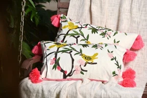 Pink Decorative Cushion Cover 100% Cotton Embroidered Floral 22"x14" - Picture 1 of 5
